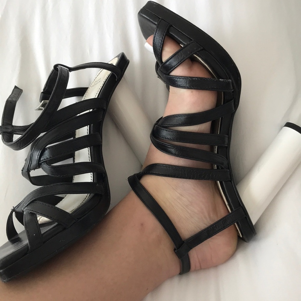 Zara 37 white strappy block heel square toe heels